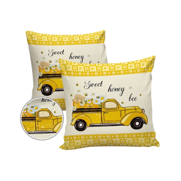 Pack of 2 Outdoor Pillow Covers, Sweet Honey Bee Yellow Truck Pull Honey Cute Flowers Border Waterproof Square Throw Pillowcase Cushion Decorative Pillow Covers for Couch Patio Tent, 16x16 in