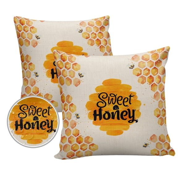 Pack of 2 Outdoor Pillow Covers, Sweet Honey Watercolor Bee Waterproof Square Throw Pillowcase Cushion Decorative Pillow Covers for Couch Patio Tent, 16x16 in