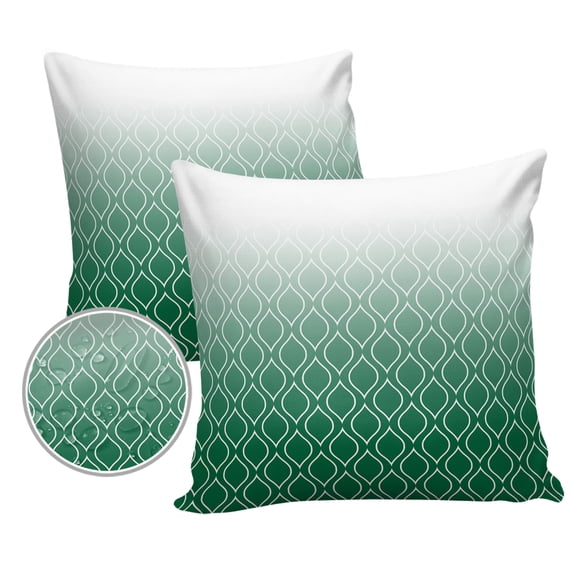 Pack of 2 Outdoor Pillow Covers, Teal Green White Ombre Geometric Trellis Morrocan Waterproof Square Throw Pillowcase Cushion Decorative Pillow Covers for Couch Patio Tent, 18x18 in