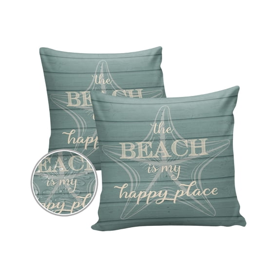 Pack of 2 Outdoor Pillow Covers, The Beach Is My Happy Place Starfish Wood Board Waterproof Square Throw Pillowcase Cushion Decorative Pillow Covers for Couch Patio Tent, 20x20 in