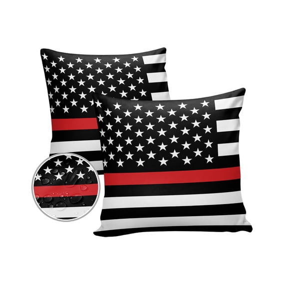 Pack of 2 Outdoor Pillow Covers, Thin Red Line Flags American Firefighter Red Stripes Flag Waterproof Square Throw Pillowcase Cushion Decorative Pillow Covers for Couch Patio Tent, 16x16 in
