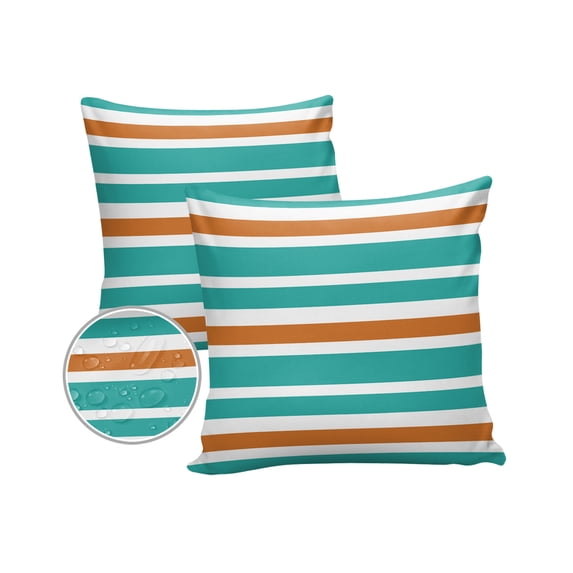 Pack of 2 Outdoor Pillow Covers, Turquoise Orange White Stripe Waterproof Square Throw Pillowcase Cushion Decorative Pillow Covers for Couch Patio Tent, 16x16 in