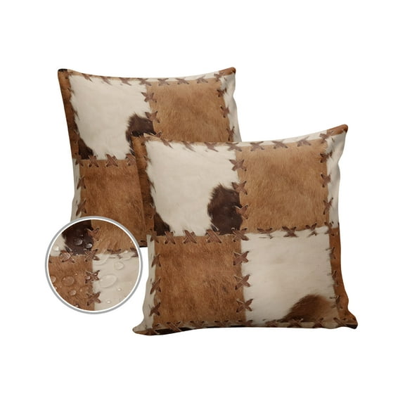 Pack of 2 Outdoor Pillow Covers, Vintage Leather Patchwork Cowhide Pattern Waterproof Square Throw Pillowcase Cushion Decorative Pillow Covers for Couch Patio Tent, 16x16 in