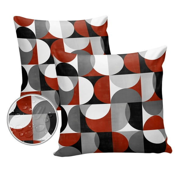 Pack of 2 Outdoor Pillow Covers, Vintage Mid-Century Modern Abstract Geometric Red Gray Waterproof Square Throw Pillowcase Cushion Decorative Pillow Covers for Couch Patio Tent, 20x20 in