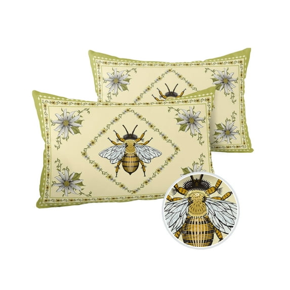 Pack of 2 Outdoor Pillow Covers, Vintage Ombre White Daisy and Bees Waterproof Square Throw Pillowcase Cushion Decorative Pillow Covers for Couch Patio Tent, 20x12 in