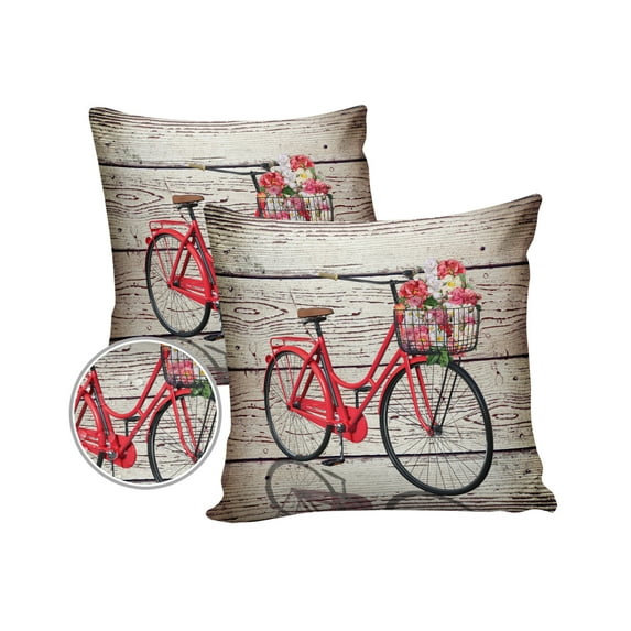 Pack of 2 Outdoor Pillow Covers, Vintage Red Bicycle with Flowers Wood Grain Waterproof Square Throw Pillowcase Cushion Decorative Pillow Covers for Couch Patio Tent, 16x16 in