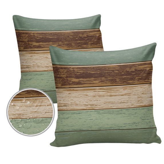 Pack of 2 Outdoor Pillow Covers, Vintage Sage Green Brown Wood Grain Farm Waterproof Square Throw Pillowcase Cushion Decorative Pillow Covers for Couch Patio Tent, 24x24 in