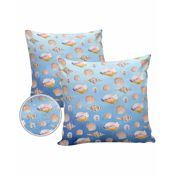 Pack of 2 Outdoor Pillow Covers, Vintage Watercolor Coastal Shells Marine Life Gradient Blue Waterproof Square Throw Pillowcase Cushion Decorative Pillow Covers for Couch Patio Tent, 20x20 in