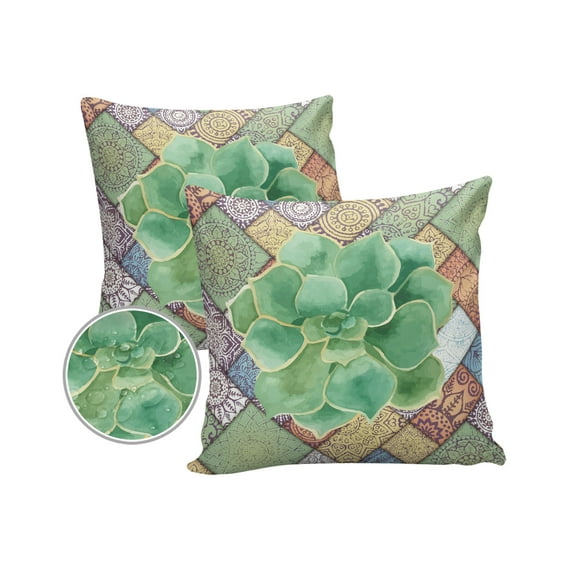 Pack of 2 Outdoor Pillow Covers, Watercolor Green Tropical Succulent Mandala Pattern Waterproof Square Throw Pillowcase Cushion Decorative Pillow Covers for Couch Patio Tent, 16x16 in