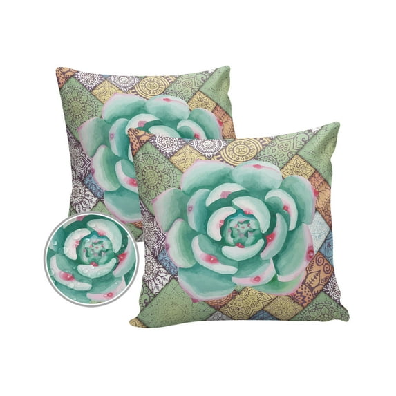 Pack of 2 Outdoor Pillow Covers, Watercolor Green Tropical Succulent Mandala Pattern Waterproof Square Throw Pillowcase Cushion Decorative Pillow Covers for Couch Patio Tent, 24x24 in