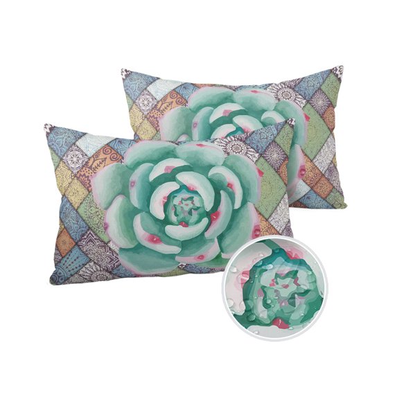 Pack of 2 Outdoor Pillow Covers, Watercolor Green Tropical Succulent Mandala Pattern Waterproof Square Throw Pillowcase Cushion Decorative Pillow Covers for Couch Patio Tent, 20x12 in