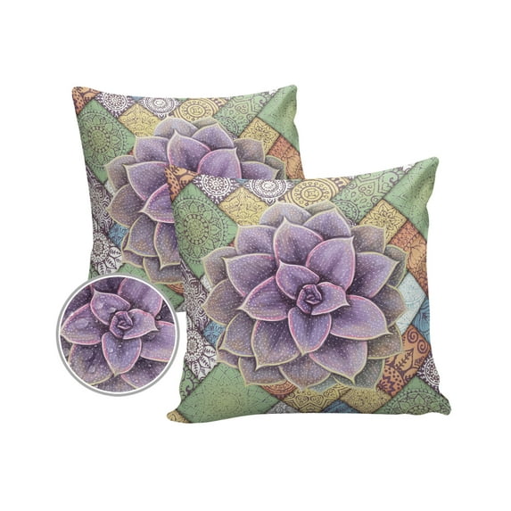 Pack of 2 Outdoor Pillow Covers, Watercolor Tropical Succulent Mandala Pattern Waterproof Square Throw Pillowcase Cushion Decorative Pillow Covers for Couch Patio Tent, 16x16 in
