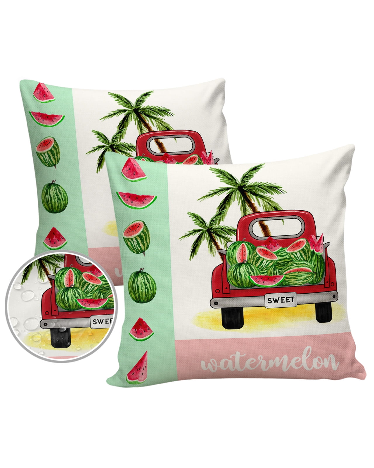 Pack of 2 Outdoor Pillow Covers, Watermelon Truck Palm Tree Board