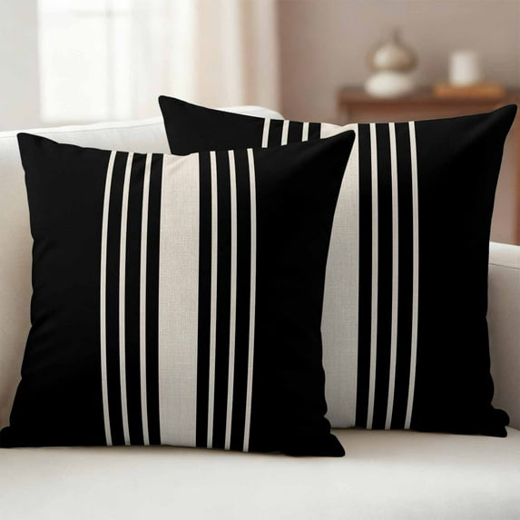 Pack of 2 Outdoor Pillow Covers,Waterproof Black Beige Striped Throw Pillow Covers,Modern Farmhouse Retro Lines Decorative Pillowcases Cushion Covers for Patio Couch Pillow Sham Protector 18x18 Inch