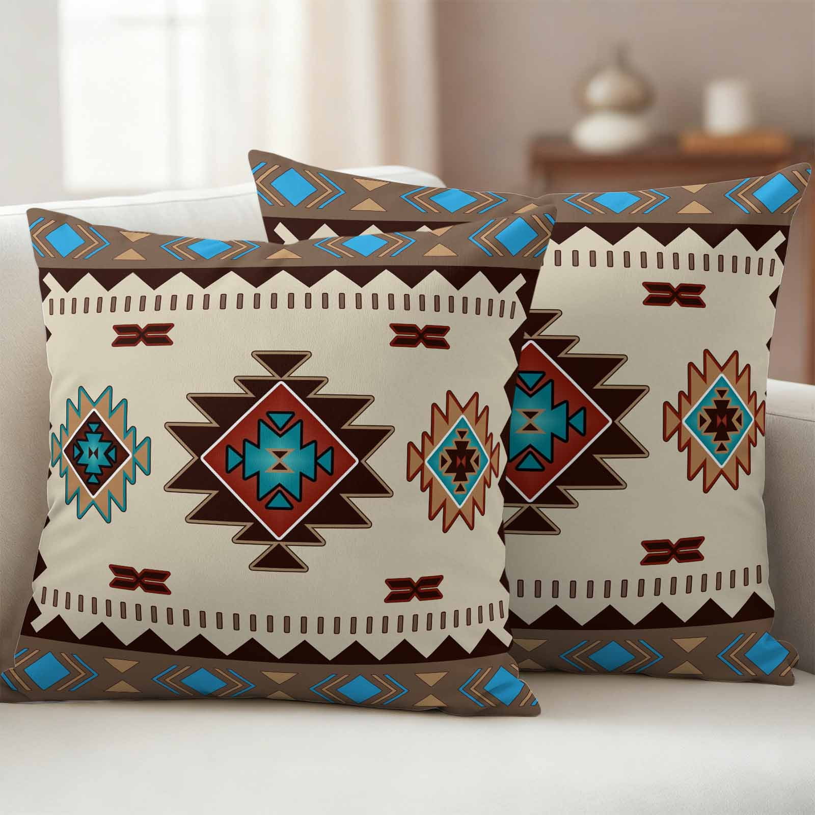 Pack of 2 Outdoor Pillow Covers,Waterproof Boho Southwest Throw Pillow Covers,Farmhouse Aztec Tribe Brown Blue Plaid Decorative Pillowcases Cushion Covers for Couch Pillow Sham Protector 18x18 Inch