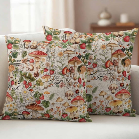 Pack of 2 Outdoor Pillow Covers,Waterproof Mushroom Throw Pillow Covers,Pastoral Summer Botanical Watercolor Spring Floral Pillowcases Cushion Covers Couch Pillow Sham Protector 18x18 Inch