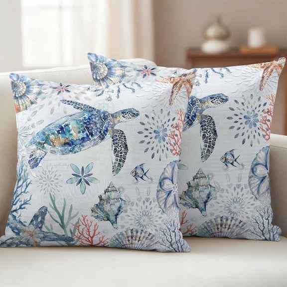 Pack of 2 Outdoor Pillow Covers,Waterproof Ocean Turtle Throw Pillow Covers,Summer Coastal Coral Flower Shells Decorative Pillowcases Cushion Covers for Patio Couch Pillow Sham Protector 16x16 Inch