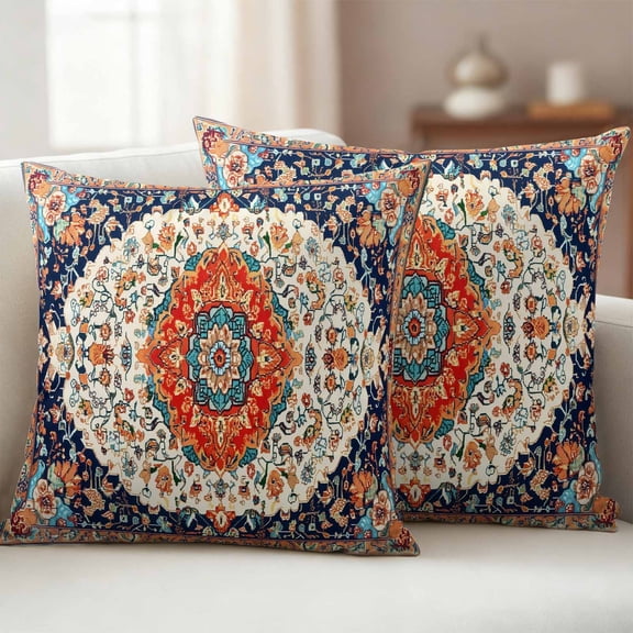 Pack of 2 Outdoor Pillow Covers,Waterproof Orange Blue Boho Throw Pillow Covers,Vintage Ethnic Geometric Abstract Decorative Pillowcases Cushion Covers for Couch Pillow Sham Protector 20x20 Inch