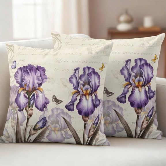 Pack of 2 Outdoor Pillow Covers,Waterproof Purple Iris Throw Pillow Covers,Vintage Butterfly Flowers Beige Decorative Pillowcases Cushion Covers for Patio Couch Pillow Sham Protector 16x16 Inch