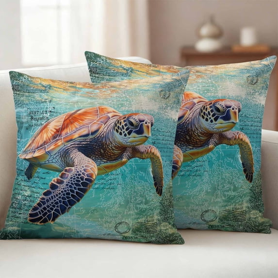 Pack of 2 Outdoor Pillow Covers,Waterproof Sea Turtle Throw Pillow Covers,Coastal Nautical Ocean Summer Beach Decorative Pillowcases Cushion Covers for Patio Couch Pillow Sham Protector 24x24 Inch