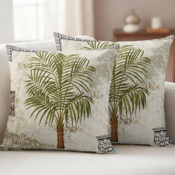 Pack of 2 Outdoor Pillow Covers,Waterproof Vintage Palm Trees Throw Pillow Covers,Summer Tropical Botanical Beige Burlap Decorative Pillowcases Cushion Covers Couch Pillow Sham Protector 16x16 Inch