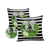 Pack of 2 Outdoor Pillow Covers, Welcome Spring Farmhouse Boxwood Wreath Black White Stripes Waterproof Square Throw Pillowcase Cushion Decorative Pillow Covers for Couch Patio Tent, 18x18 in