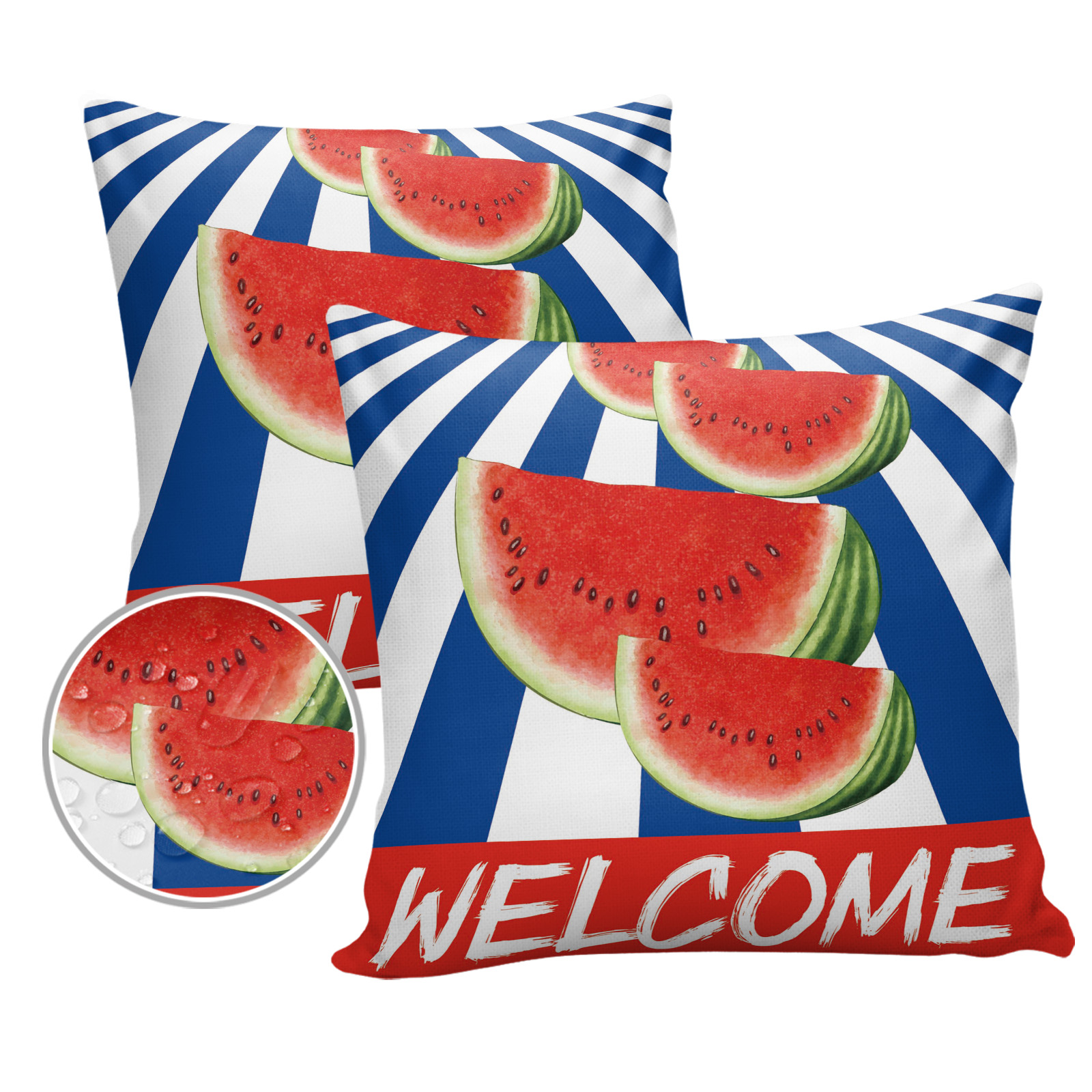 Pack of 2 outdoor pillow covers welcome watermolon blue stripes