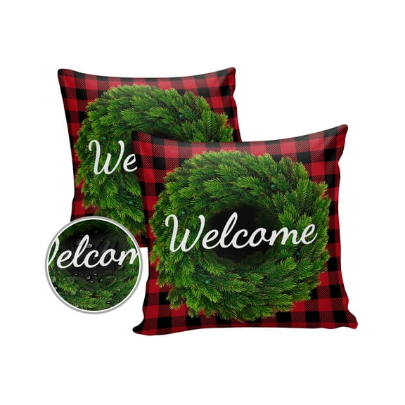 Pack of 2 Outdoor Pillow Covers, Welcome Wreath Buffalo Red and Black Plaid Waterproof Square Throw Pillowcase Cushion Decorative Pillow Covers for Couch Patio Tent, 16x16 in