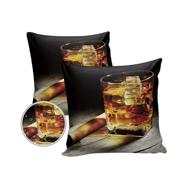 Pack of 2 Outdoor Pillow Covers, Whisky Glass Ice Cubes Bar Pattern Waterproof Square Throw Pillowcase Cushion Decorative Pillow Covers for Couch Patio Tent, 16x16 in