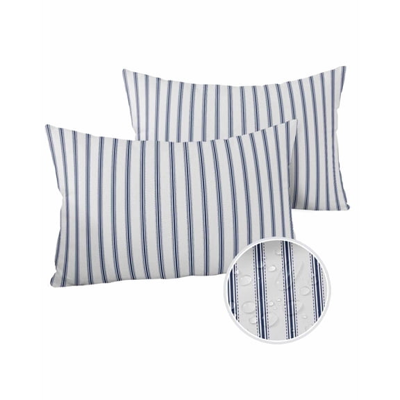 Pack of 2 Outdoor Pillow Covers, White and Navy Blue Striped Geometric Waterproof Square Throw Pillowcase Cushion Decorative Pillow Covers for Couch Patio Tent, 20x12 in