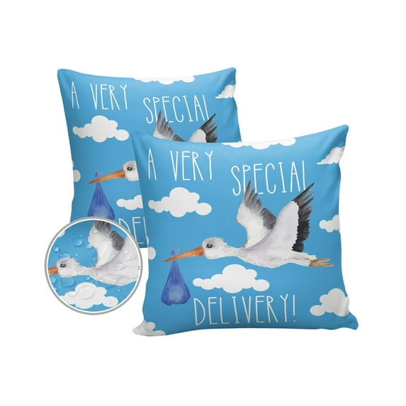 Pack of 2 Outdoor Pillow Covers, White Stork A Special Delivery Blue Waterproof Square Throw Pillowcase Cushion Decorative Pillow Covers for Couch Patio Tent, 18x18 in