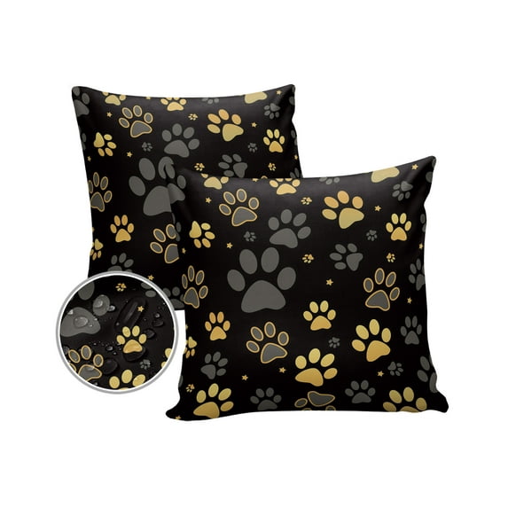 Pack of 2 Outdoor Pillow Covers, Yellow Paw Print Black Background Waterproof Square Throw Pillowcase Cushion Decorative Pillow Covers for Couch Patio Tent, 26x26 in