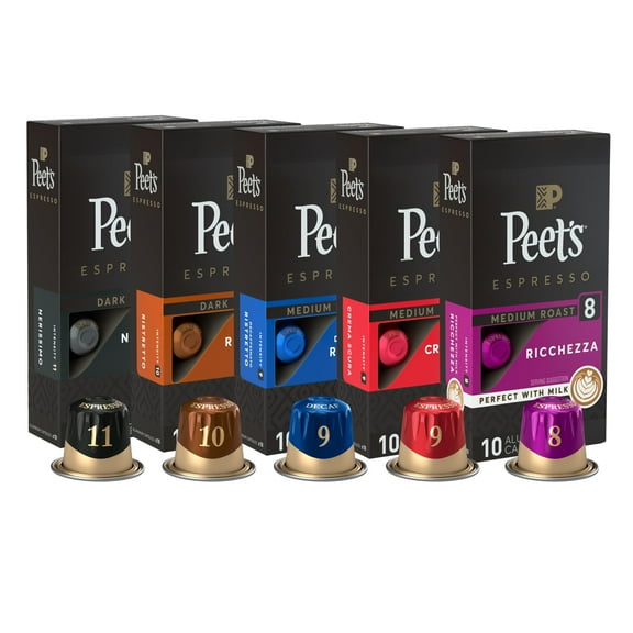 Pack of 2 - Peets Coffee, Dark And Medium Roast Espresso Capsules Variety Pack With Decaf, Compatible With Nespresso Original Machine - Intensity 8-11, 50 Count (5 Boxes Of 10 Espresso Capsules)