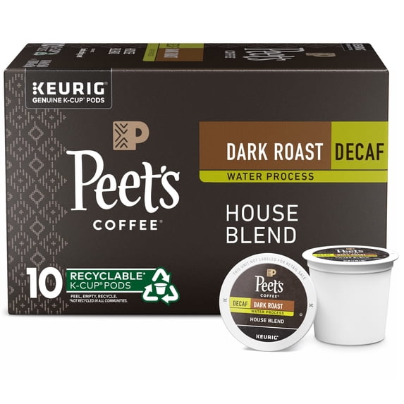 Pack of 2 - Peets Coffee, Dark Roast Decaffeinated Coffee K-Cup Pods For Keurig Brewers - Decaf House Blend 10 Count (1 Box Of 10 K-Cup Pods) Packaging May Vary