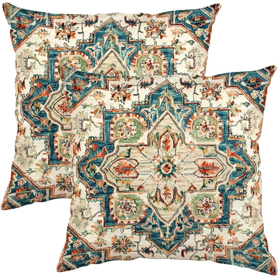 Pack of 2 Persian Pillow Covers 16x16 Inch, Vintage Turkish Carpet Boho Decorative Throw Pillow Covers for Home Decor Living Room Bed Couch, Green Pillowcase Set of 2