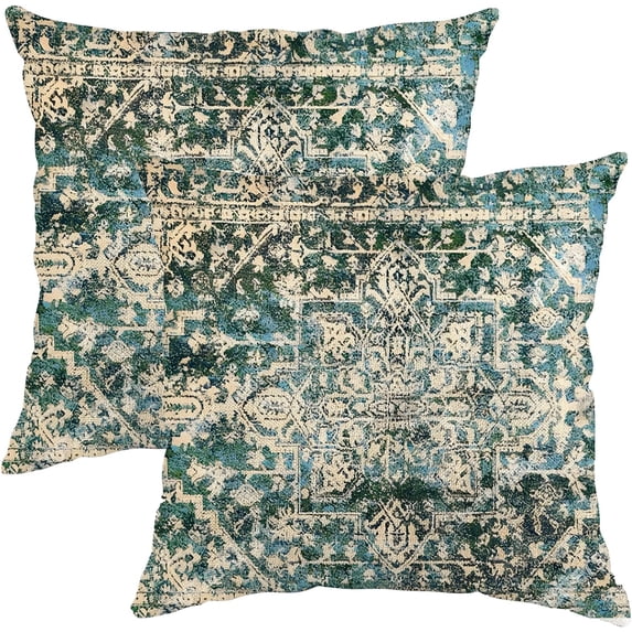 Pack of 2 Pillow Covers 18x18 Inch, Vintage Turkish Carpet Boho Decorative Throw Pillow Covers for Home Decor Living Room Bed Couch, Green Pillowcase Set of 2