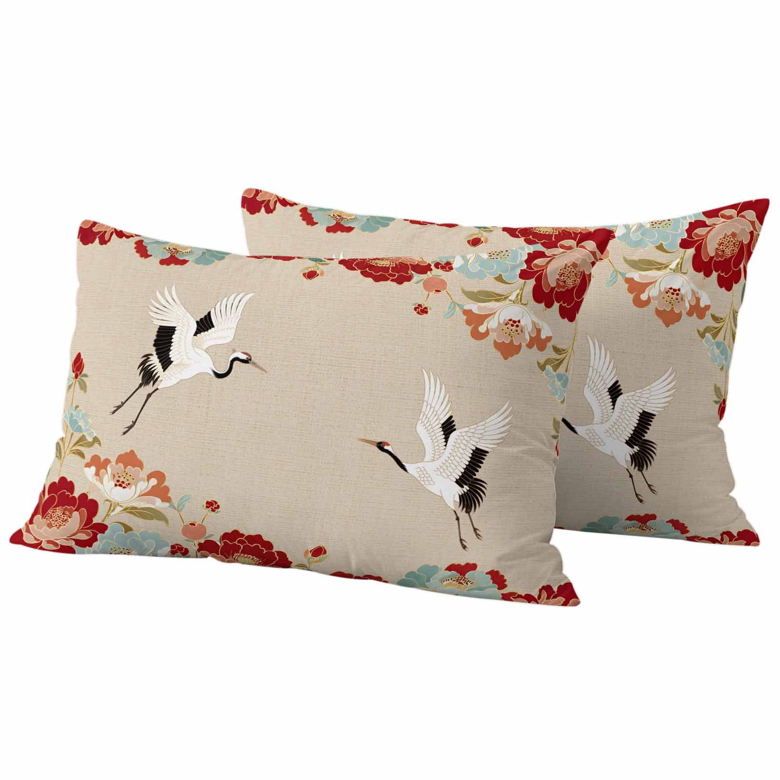 Pack of 2 Rustic Crane Outdoor Pillow Covers Decorative, Waterproof Pillow Protector, Vintage Red Teal Spring Floral Botanical Lumbar Throw Pillowcases for Patio Couch Sofa Home Decor 20"x12"