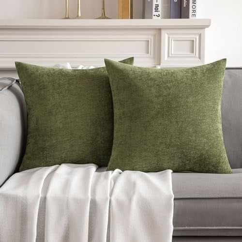 Pack of 2 Sage Green Decorative Pillow Covers 20x20 Inch Soft Chenille Couch Spring Throw Pillows Farmhouse Cushion Covers for Home Decor Sofa Bedroom Living Room