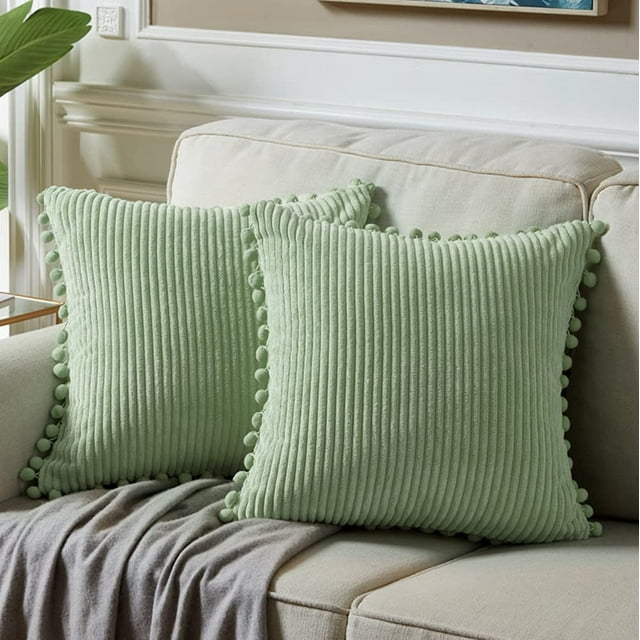 Pack of 2 Sage Green Decorative Throw Pillow Covers with Pompoms, Soft