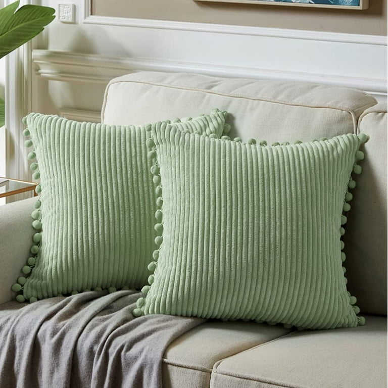 Sage Green Corduroy Throw Pillow Covers with Pom-Poms, 2-Pack