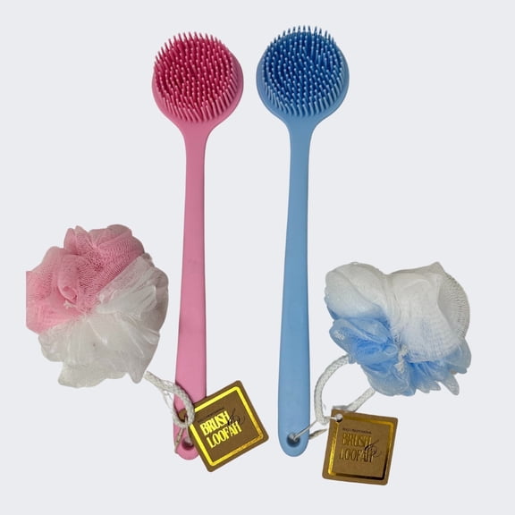 Pack of 2 Silicone Body Scrubber and Loofah, Long Handle 12-Inch, Dual-Sided, Exfoliating Body Scrub and Massage for Shower, Soft and Gentle Cleansing Bristles, Bath Scrub, Pink and Blue