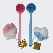Pack of 2 Silicone Body Scrubber and Loofah, Long Handle 12-Inch, Dual-Sided, Exfoliating Body Scrub and Massage for Shower, Soft and Gentle Cleansing Bristles, Bath Scrub, Pink and Blue