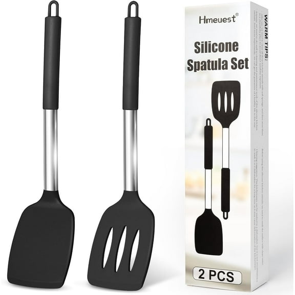 Pack of 2 Silicone Solid Turner, Non Stick Slotted Kitchen Spatulas, High Heat Resistant BPA Free Cooking Utensils, Ideal Cookware for Fish, Eggs, Pancakes(Black)