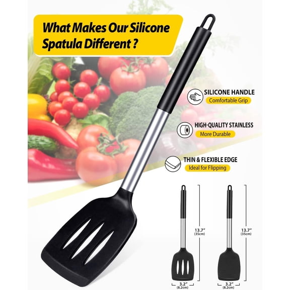 Pack of 2 Silicone Solid Turner, Non Stick Slotted Kitchen Spatulas, High Heat Resistant BPA Free Cooking Utensils, Ideal Cookware for Fish, Eggs, Pancakes(Black)