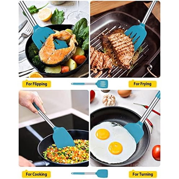 Pack of 2 Silicone Solid Turner, Non Stick Slotted Kitchen Spatulas, High Heat Resistant BPA Free Cooking Utensils, Ideal Cookware for Fish, Eggs, Pancakes(Blue)