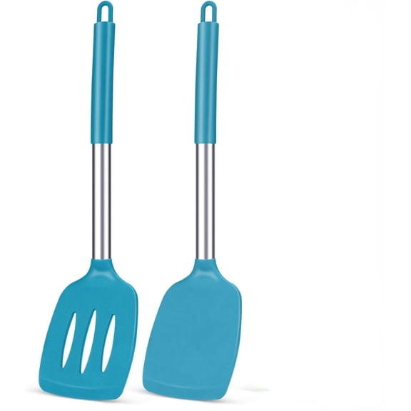 Pack of 2 Silicone Solid Turner, Non Stick Slotted Kitchen Spatulas, High Heat Resistant BPA Free Cooking Utensils, Ideal Cookware for Fish, Eggs, Pancakes(Blue)