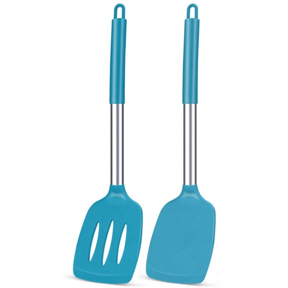 Pack of 2 Silicone Solid Turner,Non Stick Slotted Kitchen Spatulas,High Heat Resistant BPA Free Cooking Utensils,Ideal Cookware for Fish,Eggs,Pancakes (Khaki)