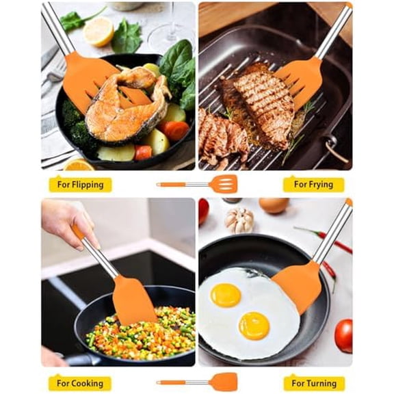 Pack of 2 Silicone Solid Turner, Non Stick Slotted Kitchen Spatulas, High Heat Resistant BPA Free Cooking Utensils, Ideal Cookware for Fish, Eggs, Pancakes (ORANGE)