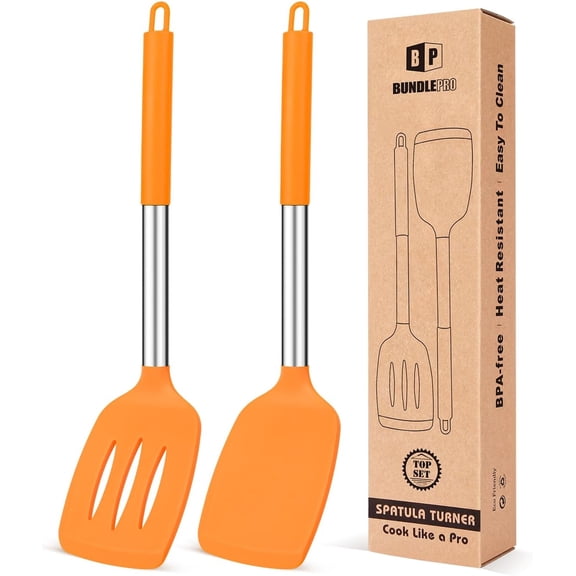 Pack of 2 Silicone Solid Turner, Non Stick Slotted Kitchen Spatulas, High Heat Resistant BPA Free Cooking Utensils, Ideal Cookware for Fish, Eggs, Pancakes (ORANGE)