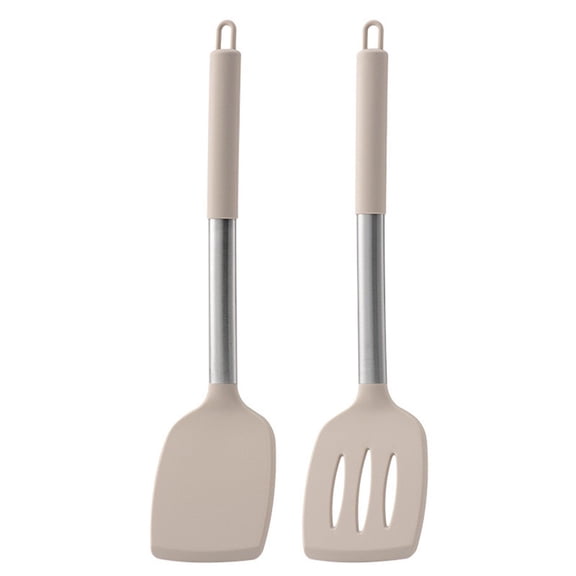 Pack of 2 Silicone Solid Turner, Non Stick Slotted Kitchen Spatulas, High Heat Resistant BPA Free Cooking Utensils, Ideal Cookware for Fish, Eggs, Pancakes(Stainless Steel Khaki)